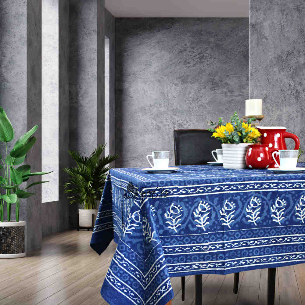 Chiara Block Print Tablecloth Rectangle, Table Linen Collection, Indigo Blue - Sweet Us