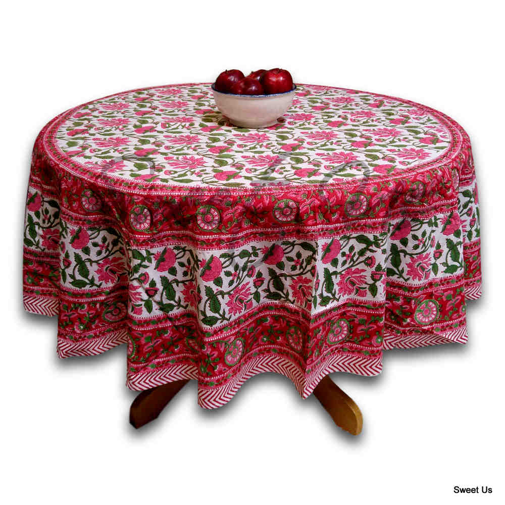 Floral Vine Block Print Tablecloth Rectangle Cotton, Red, Table Linen - Sweet Us