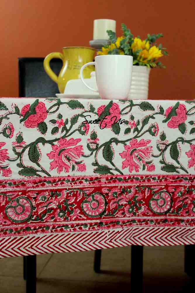 Floral Vine Block Print Tablecloth Rectangle Cotton, White Red, Table Linen