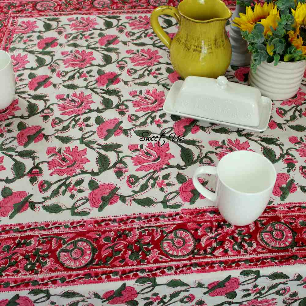 Floral Vine Block Print Tablecloth Rectangle Cotton, White Red, Table Linen