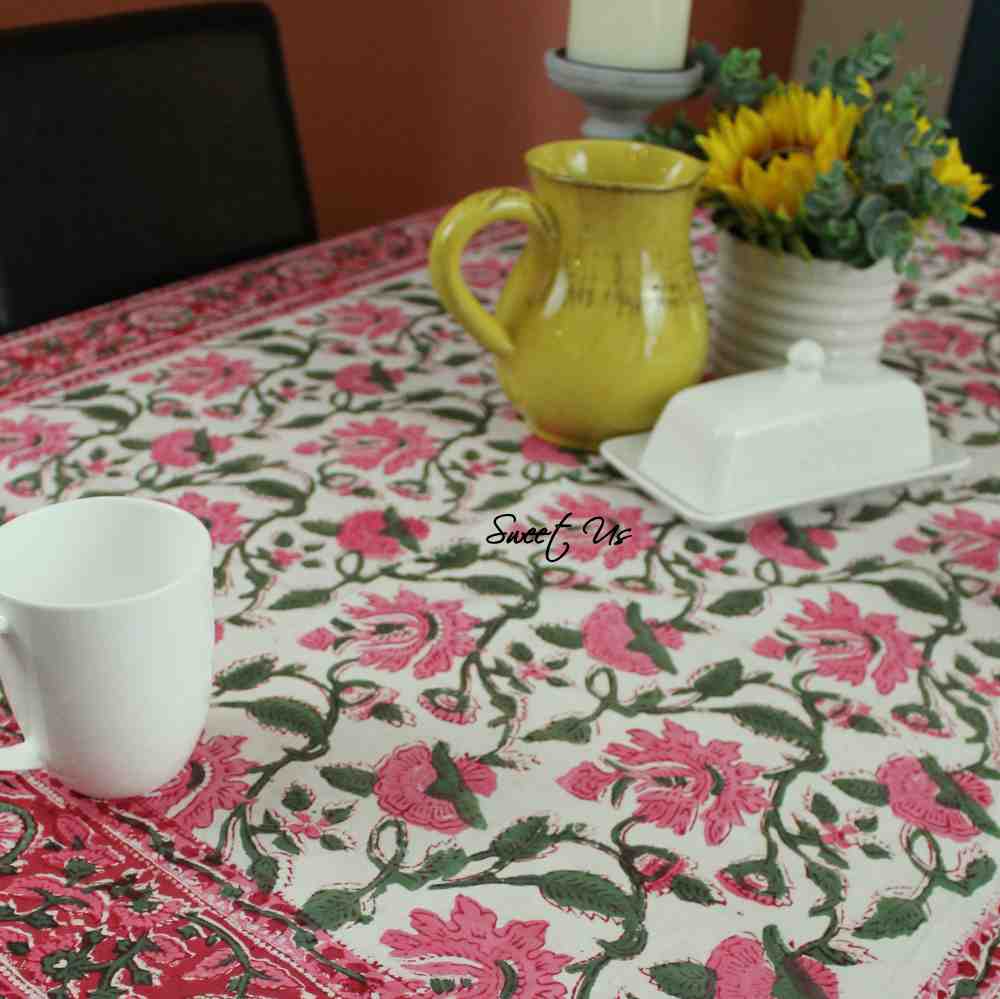 Floral Vine Block Print Tablecloth Rectangle Cotton, White Red, Table Linen