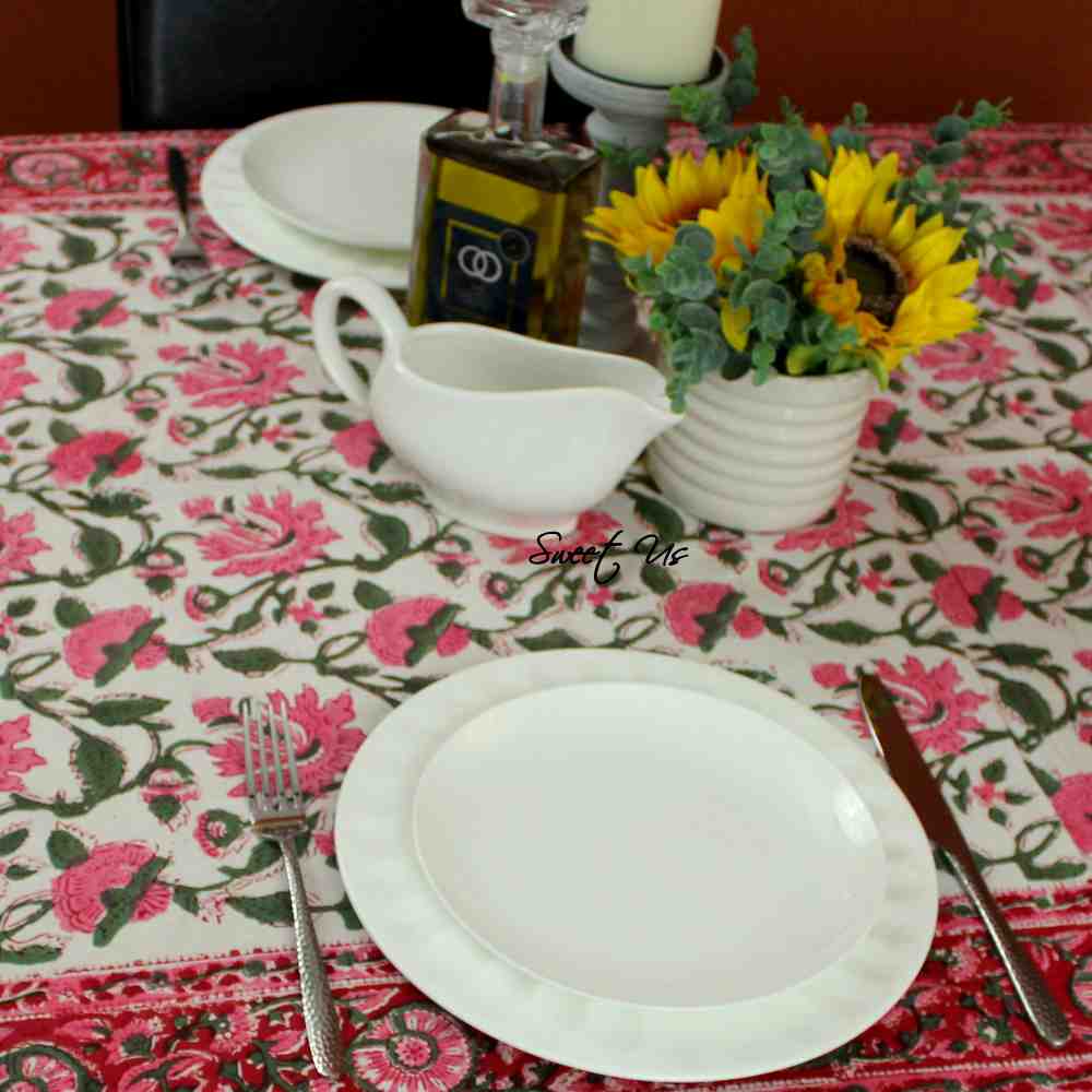 Floral Vine Block Print Tablecloth Rectangle Cotton, White Red, Table Linen - Sweet Us