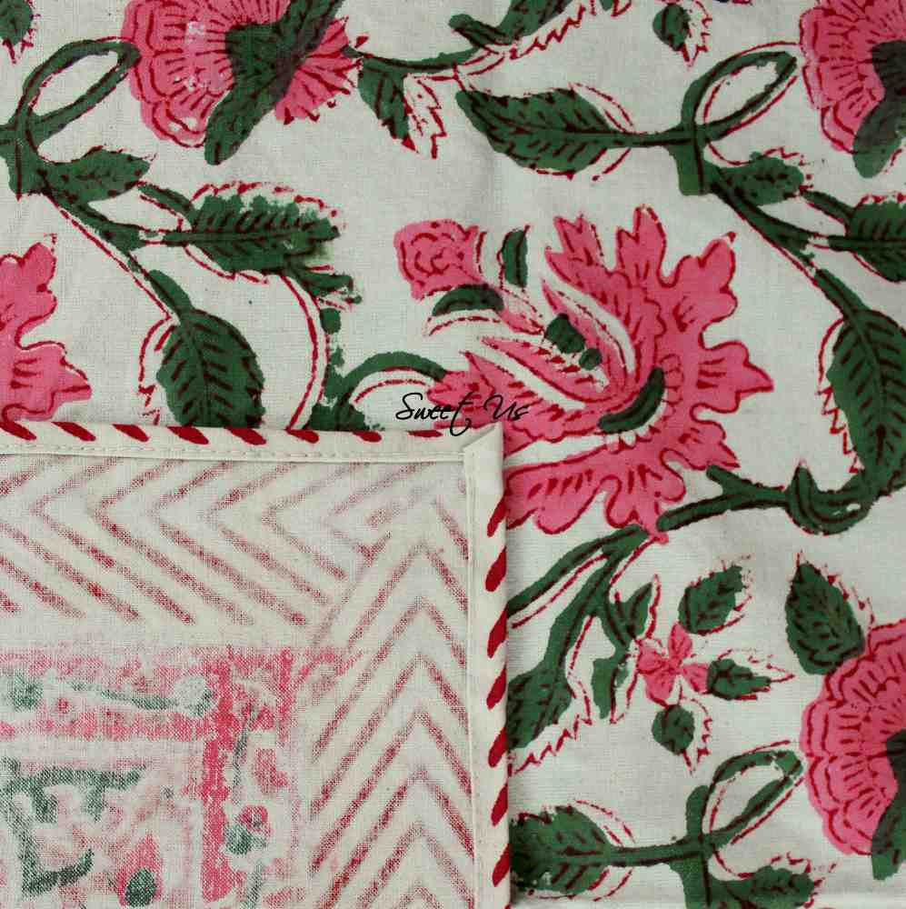 Floral Vine Block Print Tablecloth Rectangle Cotton, White Red, Table Linen
