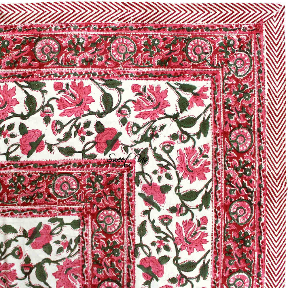Floral Vine Block Print Tablecloth Rectangle Cotton, White Red, Table Linen