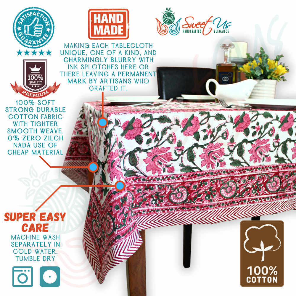 Floral Vine Block Print Tablecloth Rectangle Cotton, White Red, Table Linen