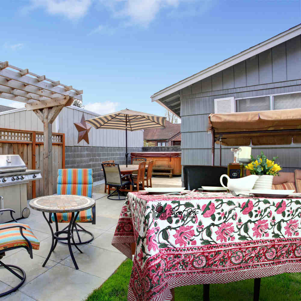 Floral Vine Block Print Tablecloth Rectangle Cotton, White Red, Table Linen