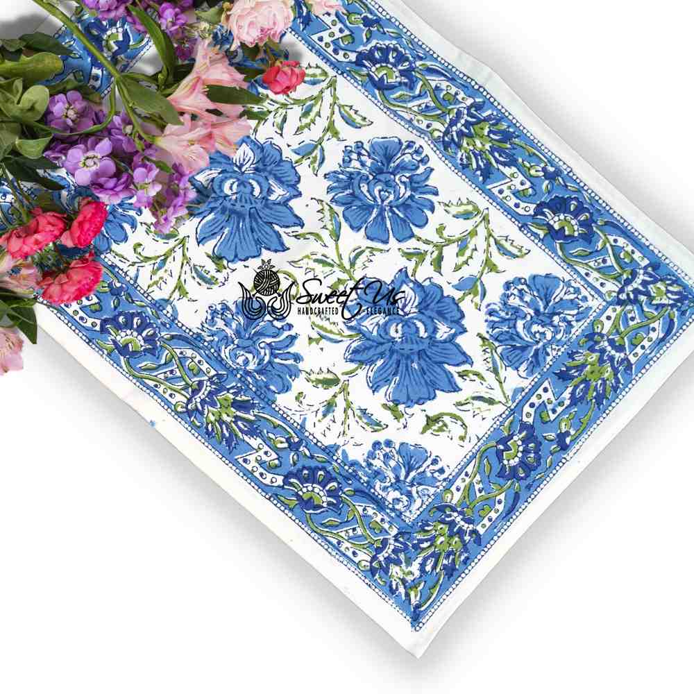 Cotton Block Print Lotus Flower Tablecloth Round Rectangular Square Blue