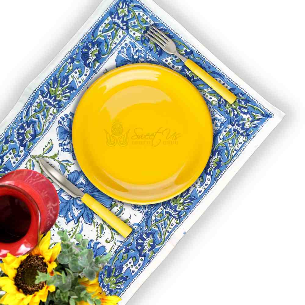 Cotton Block Print Lotus Flower Tablecloth Round Rectangular Square Blue - Sweet Us
