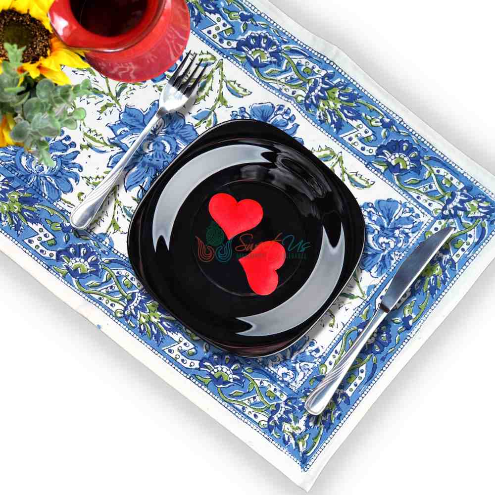 Cotton Block Print Lotus Flower Tablecloth Round Rectangular Square Blue