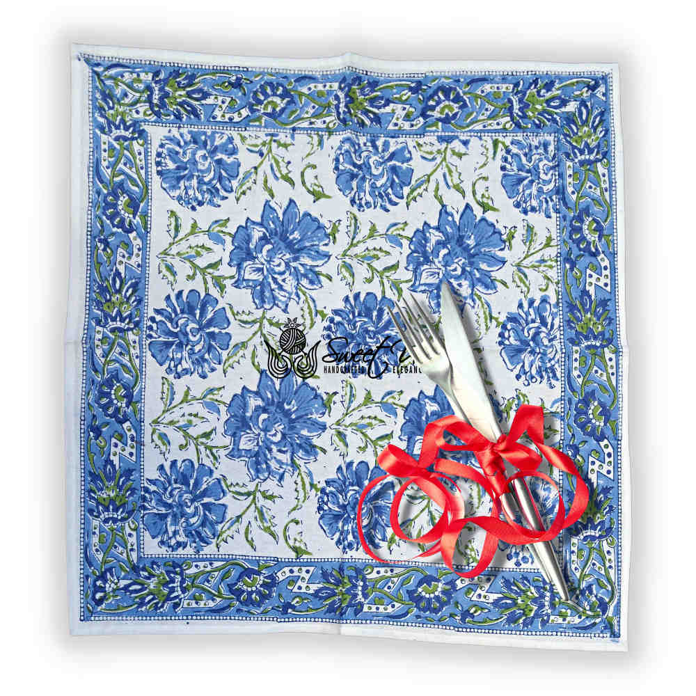 Cotton Block Print Lotus Flower Tablecloth Round Rectangular Square Blue - Sweet Us