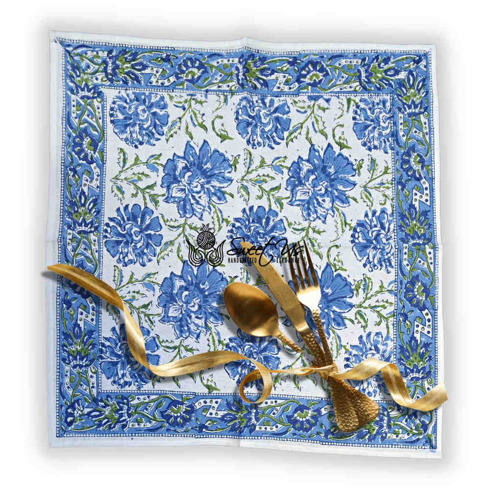 Cotton Block Print Lotus Flower Tablecloth Round Rectangular Square Blue