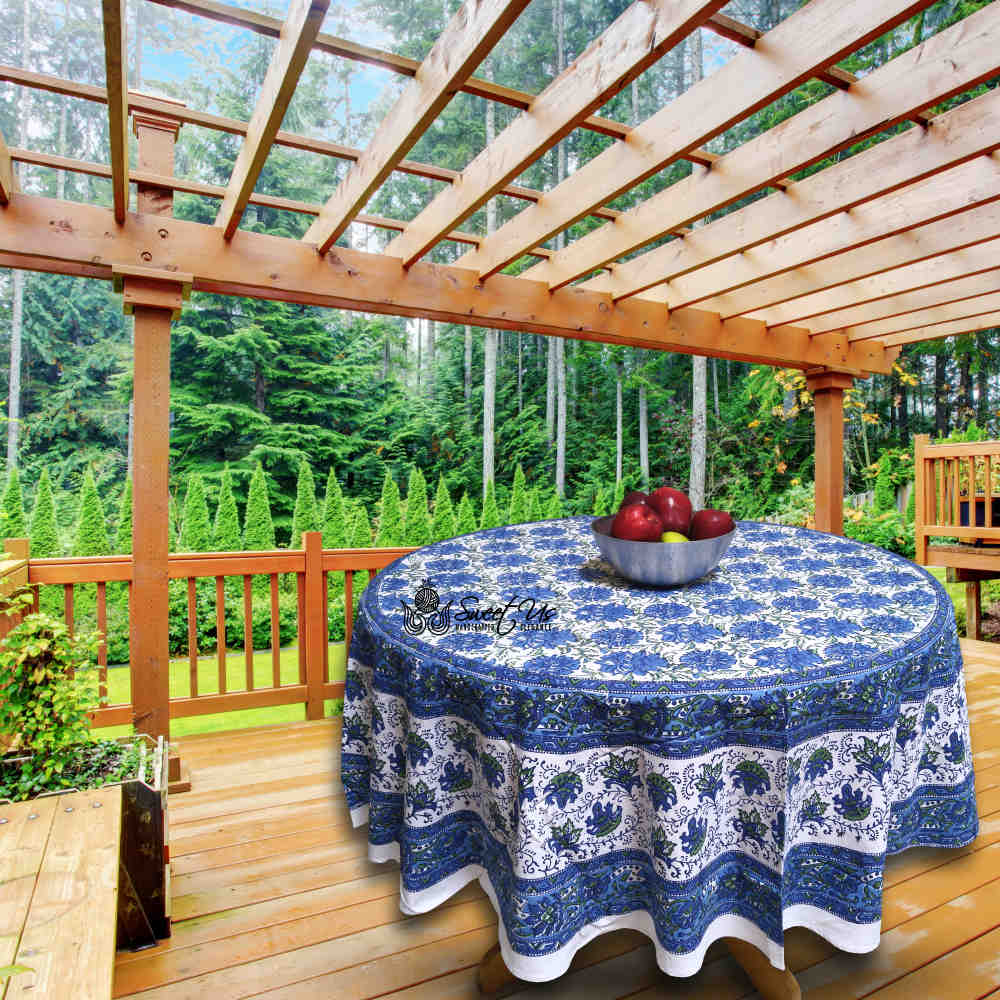 Cotton Block Print Lotus Flower Tablecloth Round Rectangular Square Blue