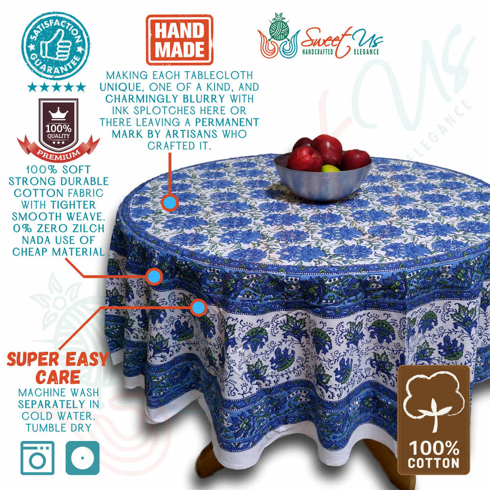 Cotton Block Print Lotus Flower Tablecloth Round Rectangular Square Blue