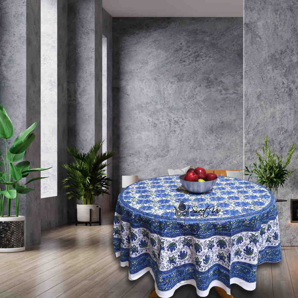 Cotton Block Print Lotus Flower Tablecloth Round Rectangular Square Blue