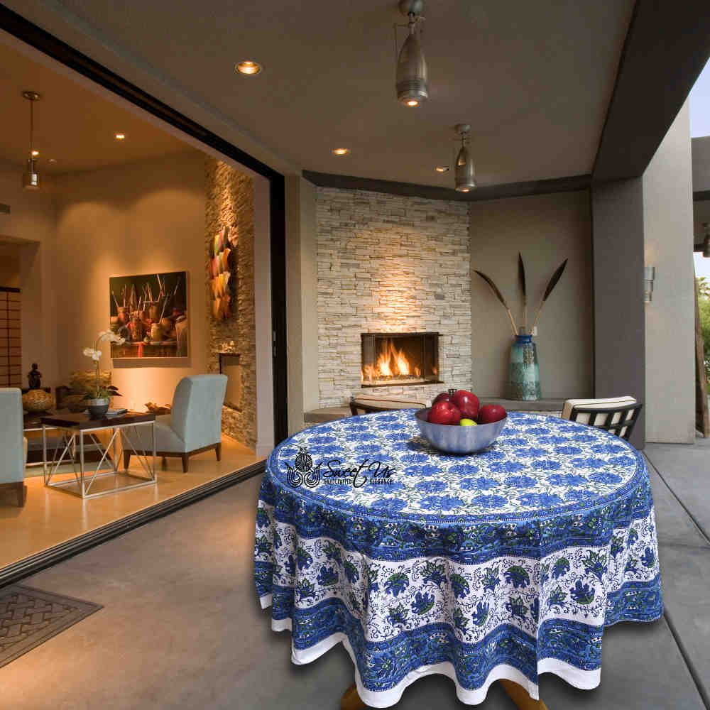 Cotton Block Print Lotus Flower Tablecloth Round Rectangular Square Blue