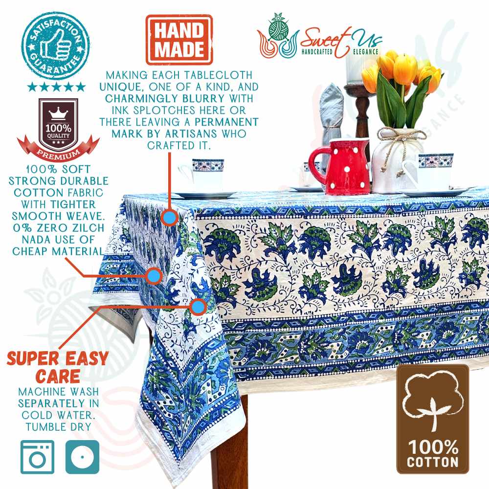 Cotton Block Print Lotus Flower Tablecloth Round Rectangular Square Blue