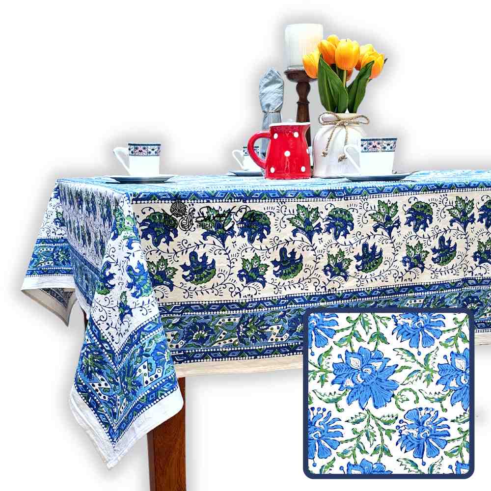 Cotton Block Print Lotus Flower Tablecloth Round Rectangular Square Blue
