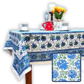 Cotton Block Print Lotus Flower Tablecloth Round Rectangular Square Blue - Sweet Us