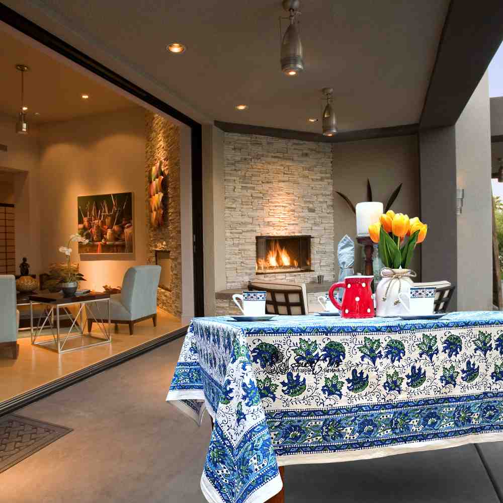 Cotton Block Print Lotus Flower Tablecloth Round Rectangular Square Blue