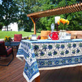 Cotton Block Print Lotus Flower Tablecloth Round Rectangular Square Blue - Sweet Us