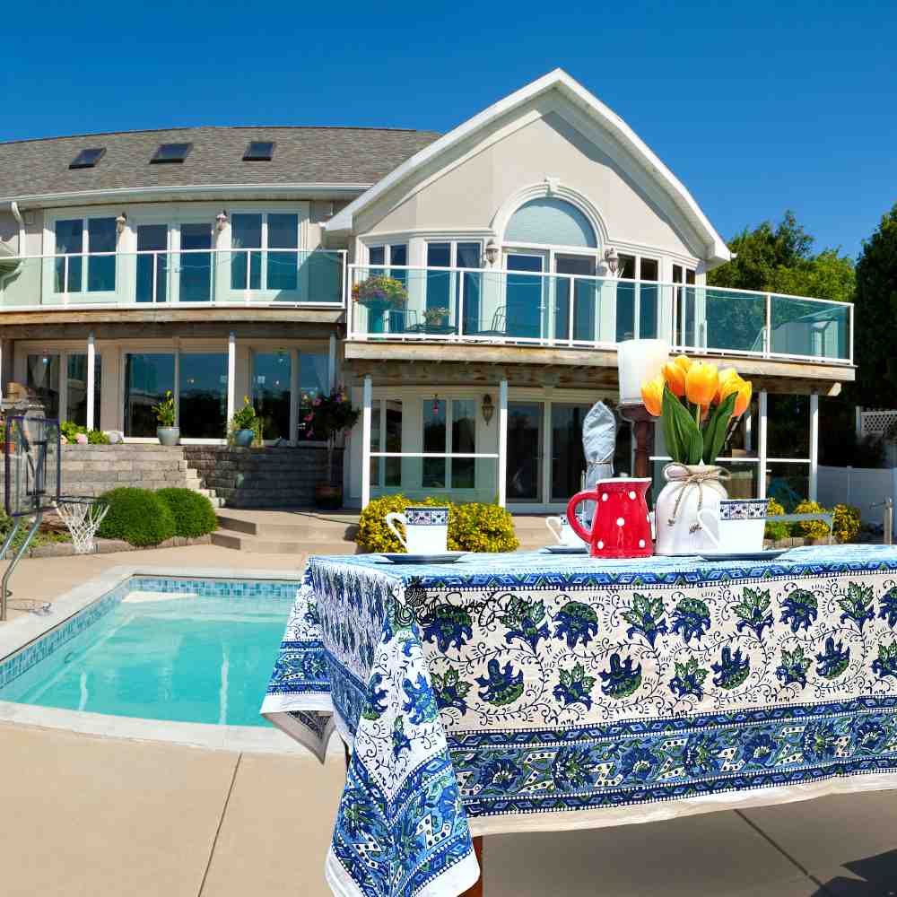 Cotton Block Print Lotus Flower Tablecloth Round Rectangular Square Blue