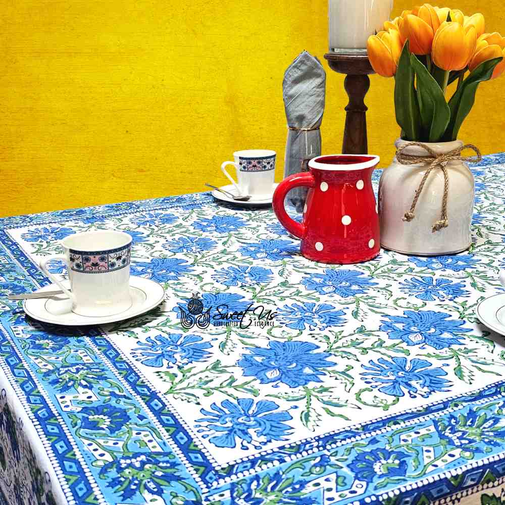 Cotton Block Print Lotus Flower Tablecloth Round Rectangular Square Blue