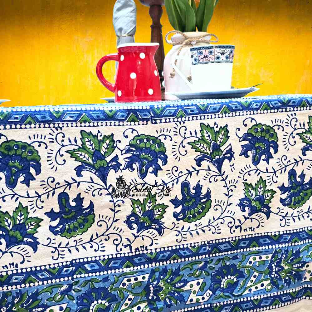 Cotton Block Print Lotus Flower Tablecloth Round Rectangular Square Blue