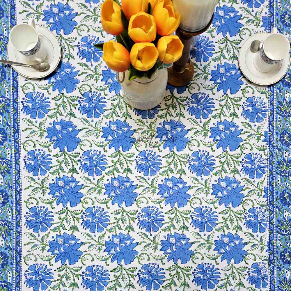Cotton Block Print Lotus Flower Tablecloth Round Rectangular Square Blue