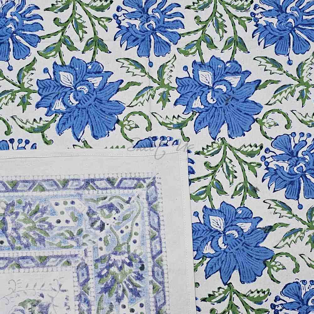 Cotton Block Print Lotus Flower Tablecloth Round Rectangular Square Blue