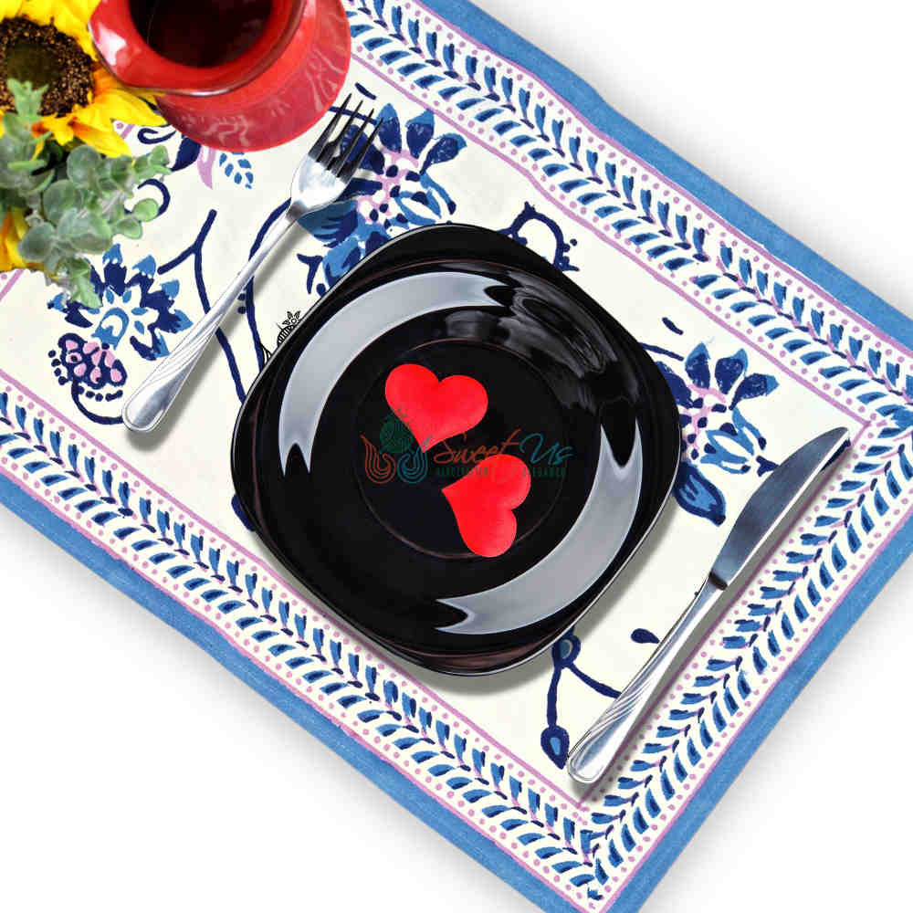 Block Print Floral Tablecloth for Rectangle Square Round Table Cotton Blue Pink