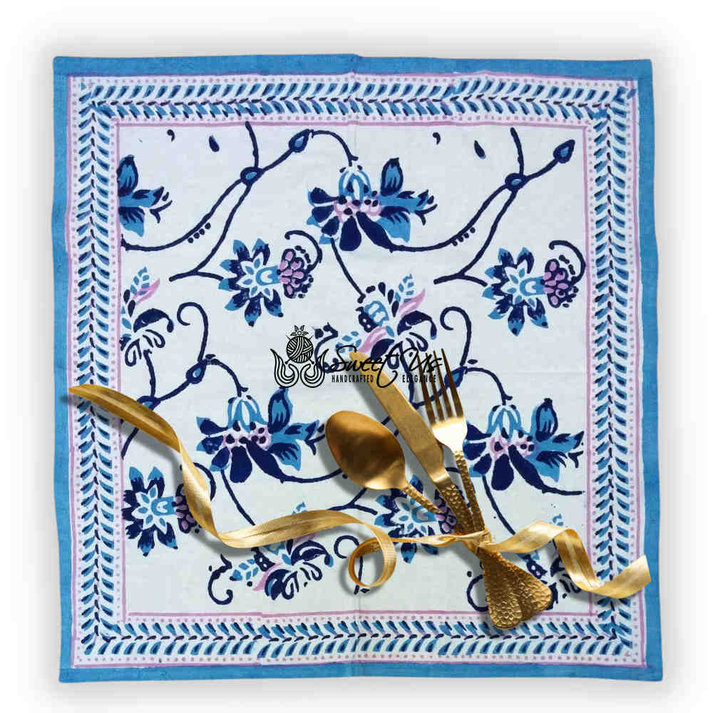 Block Print Floral Tablecloth for Rectangle Square Round Table Cotton Blue Pink