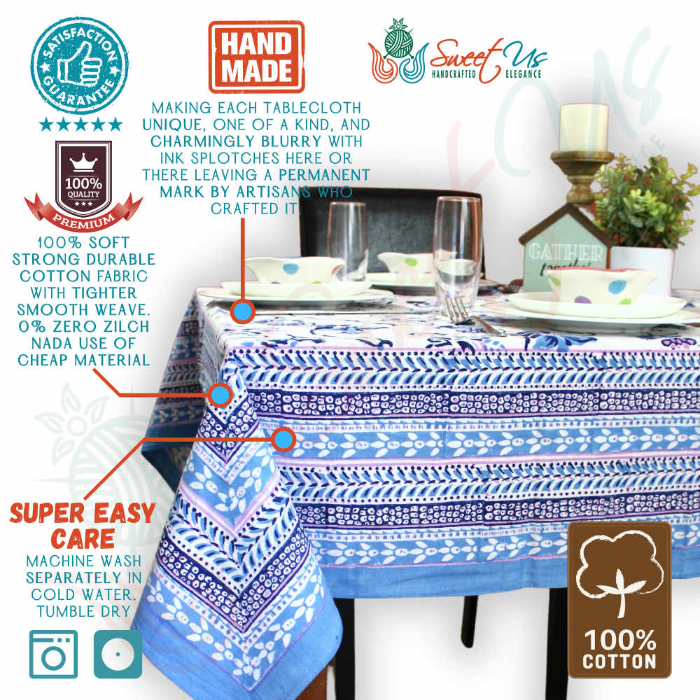 Block Print Floral Tablecloth for Rectangle Square Round Table Cotton Blue Pink