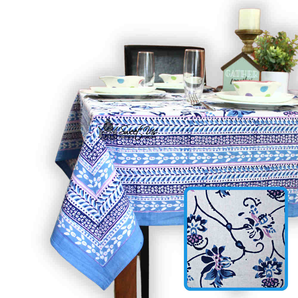 Block Print Floral Tablecloth for Rectangle Square Round Table Cotton Blue Pink