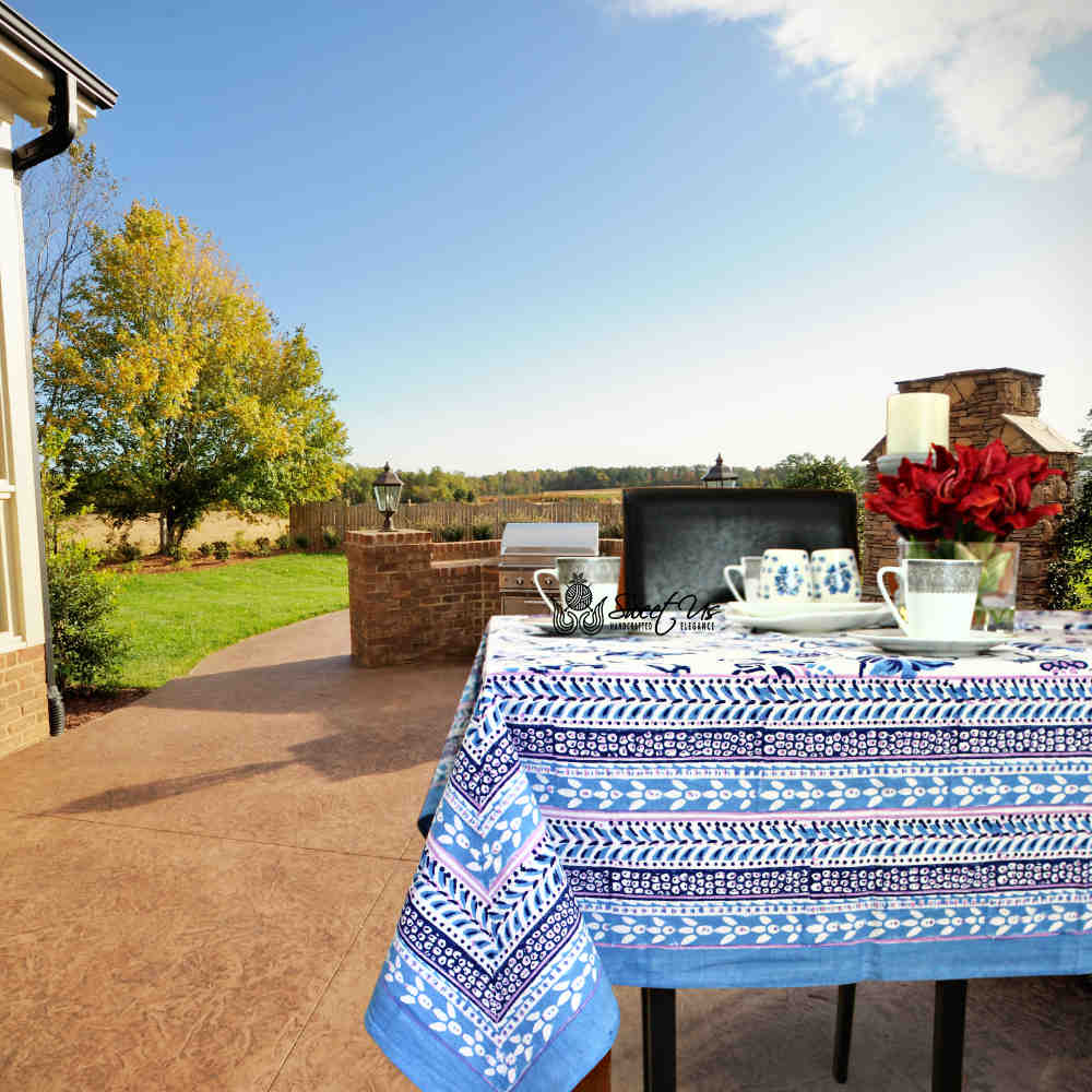 Block Print Floral Tablecloth for Rectangle Square Round Table Cotton Blue Pink