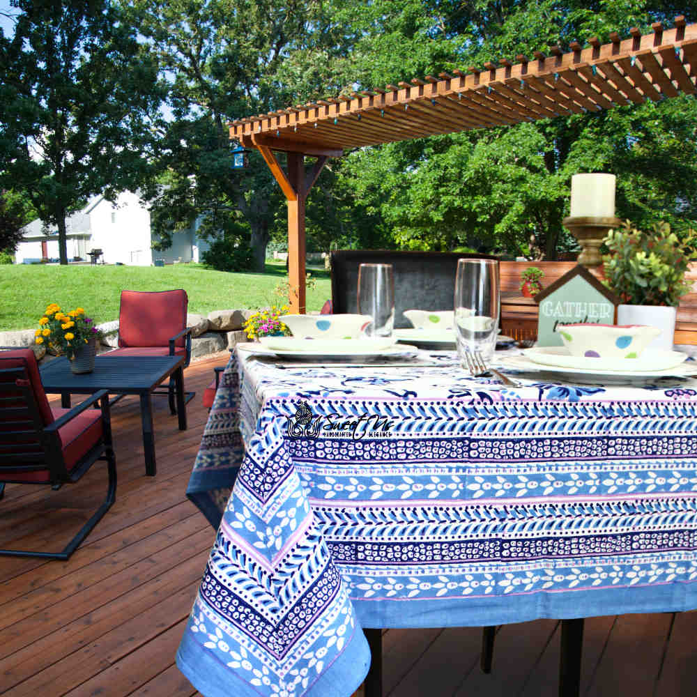 Block Print Floral Tablecloth for Rectangle Square Round Table Cotton Blue Pink