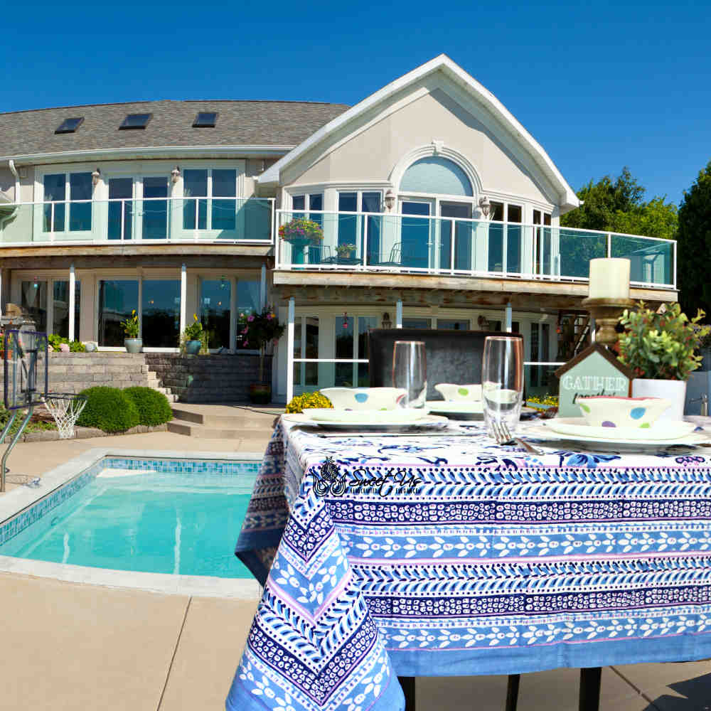 Block Print Floral Tablecloth for Rectangle Square Round Table Cotton Blue Pink