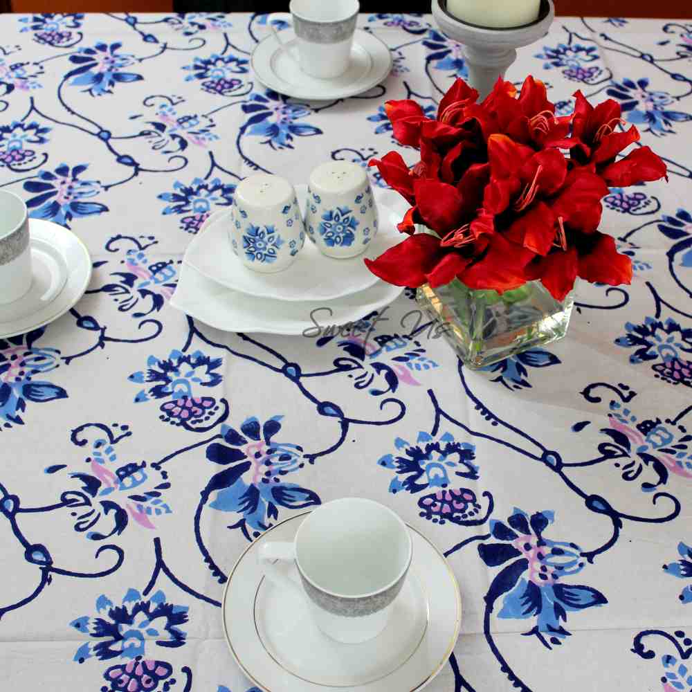 Block Print Floral Tablecloth for Rectangle Square Round Table Cotton Blue Pink
