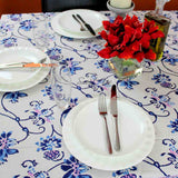 Block Print Floral Tablecloth for Rectangle Square Round Table Cotton Blue Pink