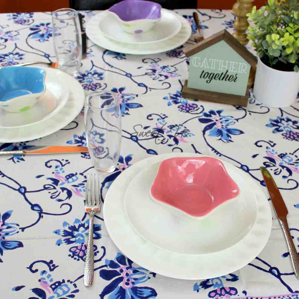 Block Print Floral Tablecloth for Rectangle Square Round Table Cotton Blue Pink