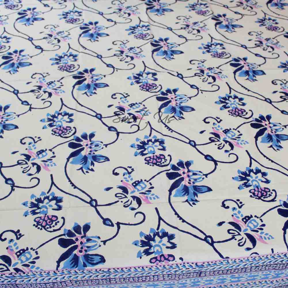 Block Print Floral Tablecloth for Rectangle Square Round Table Cotton Blue Pink