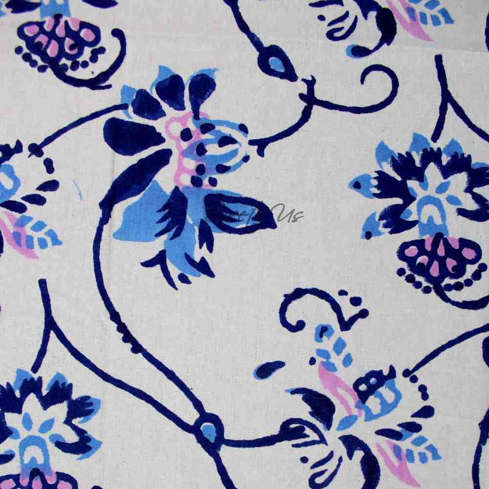 Block Print Floral Tablecloth for Rectangle Square Round Table Cotton Blue Pink