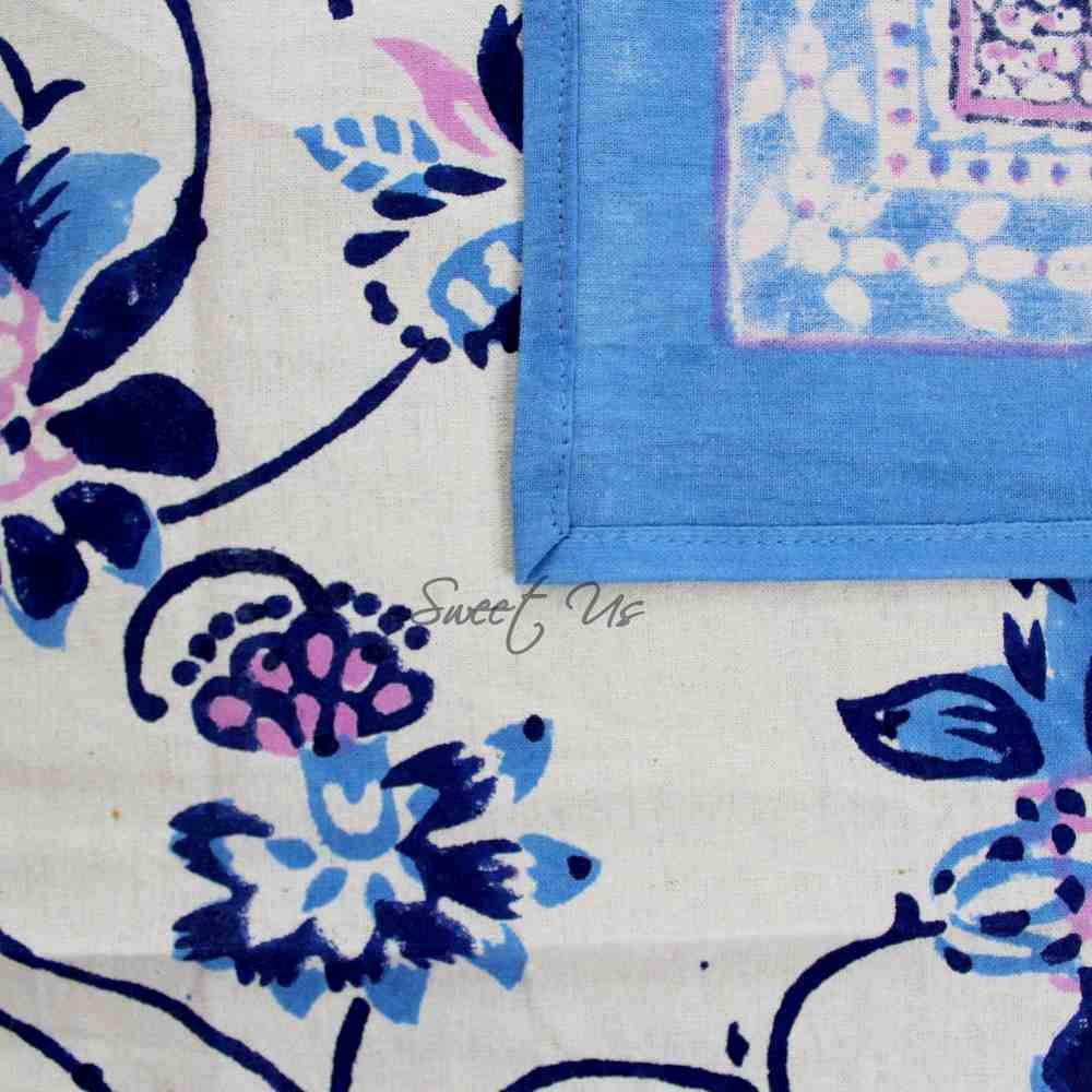 Block Print Floral Tablecloth for Rectangle Square Round Table Cotton Blue Pink