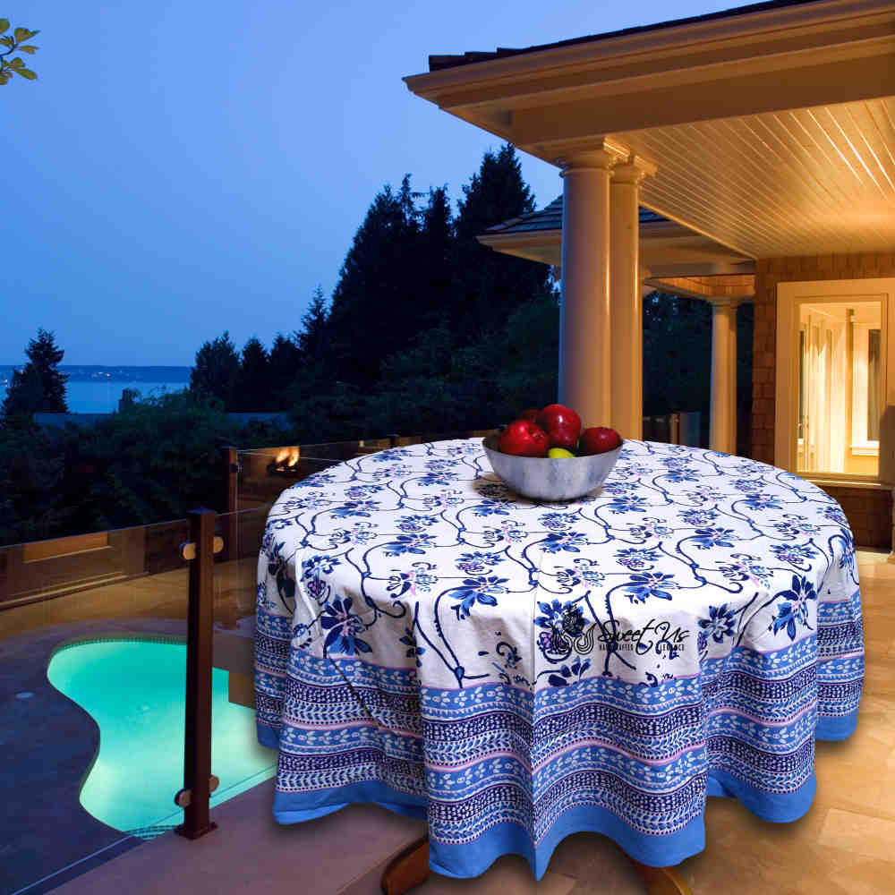 Block Print Floral Tablecloth for Rectangle Square Round Table Cotton Blue Pink
