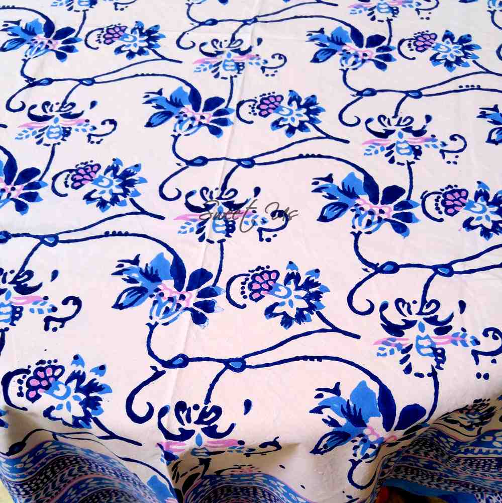 Block Print Floral Tablecloth for Rectangle Square Round Table Cotton Blue Pink