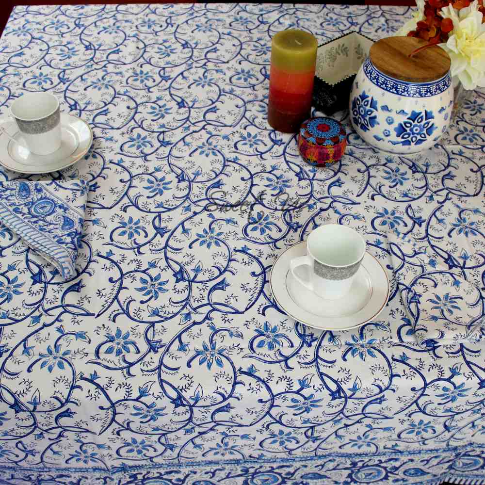 Stella Floral Block Print Cotton Tablecloth Collection, Blue Opal
