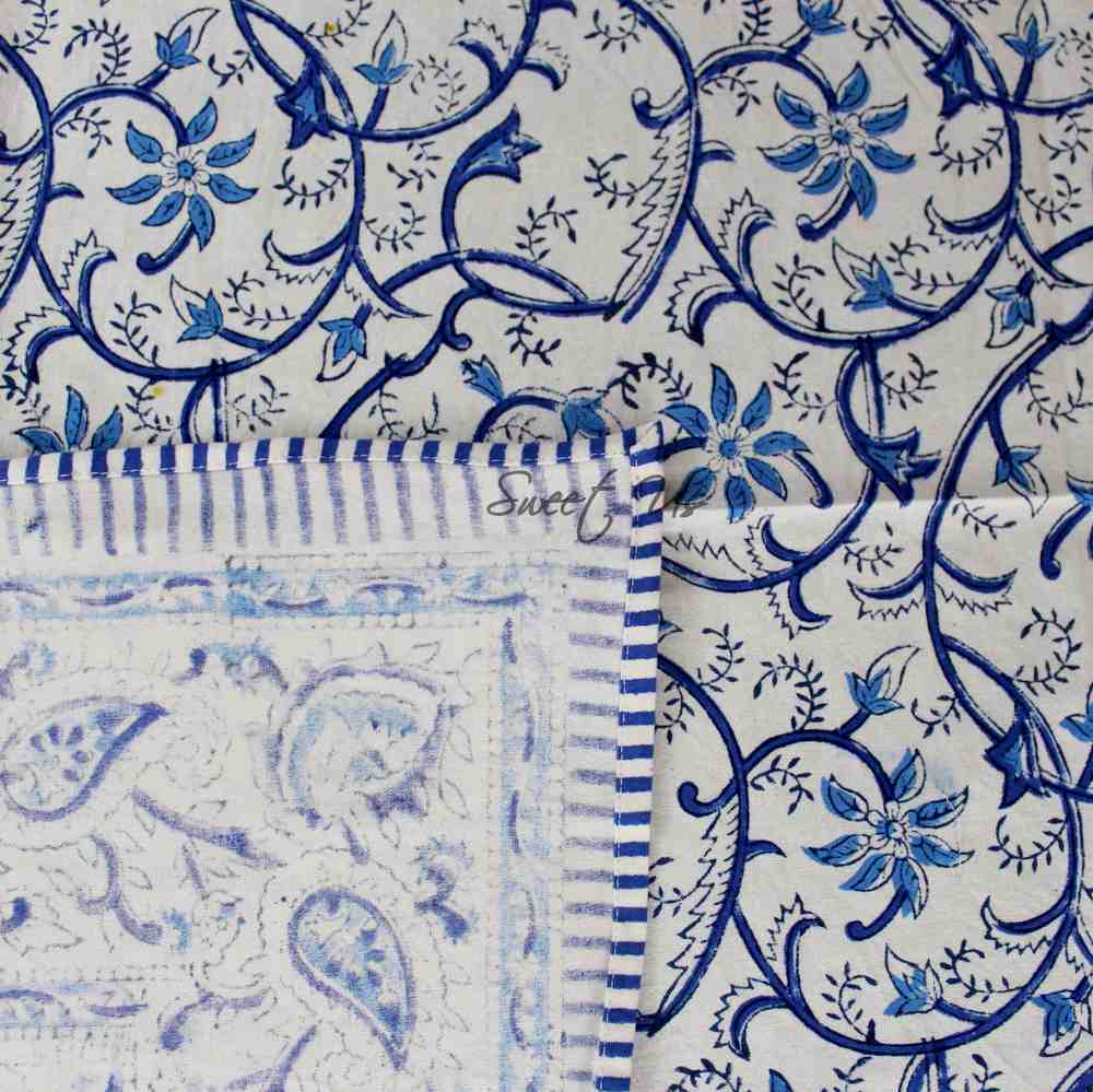 Stella Floral Block Print Cotton Tablecloth Collection, Blue Opal