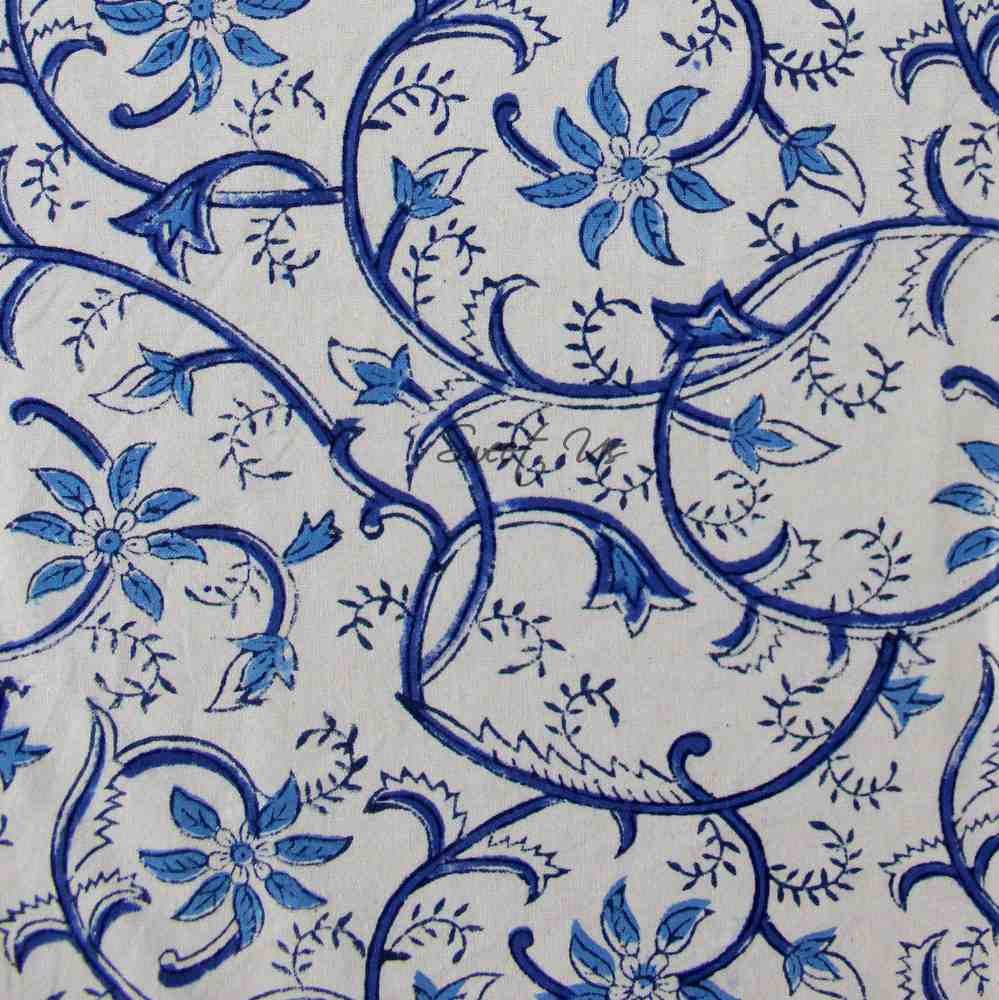 Stella Floral Block Print Cotton Tablecloth Collection, Blue Opal