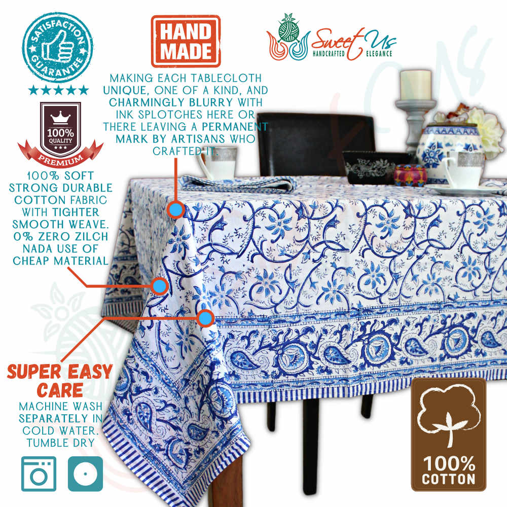 Stella Floral Block Print Cotton Tablecloth Collection, Blue Opal