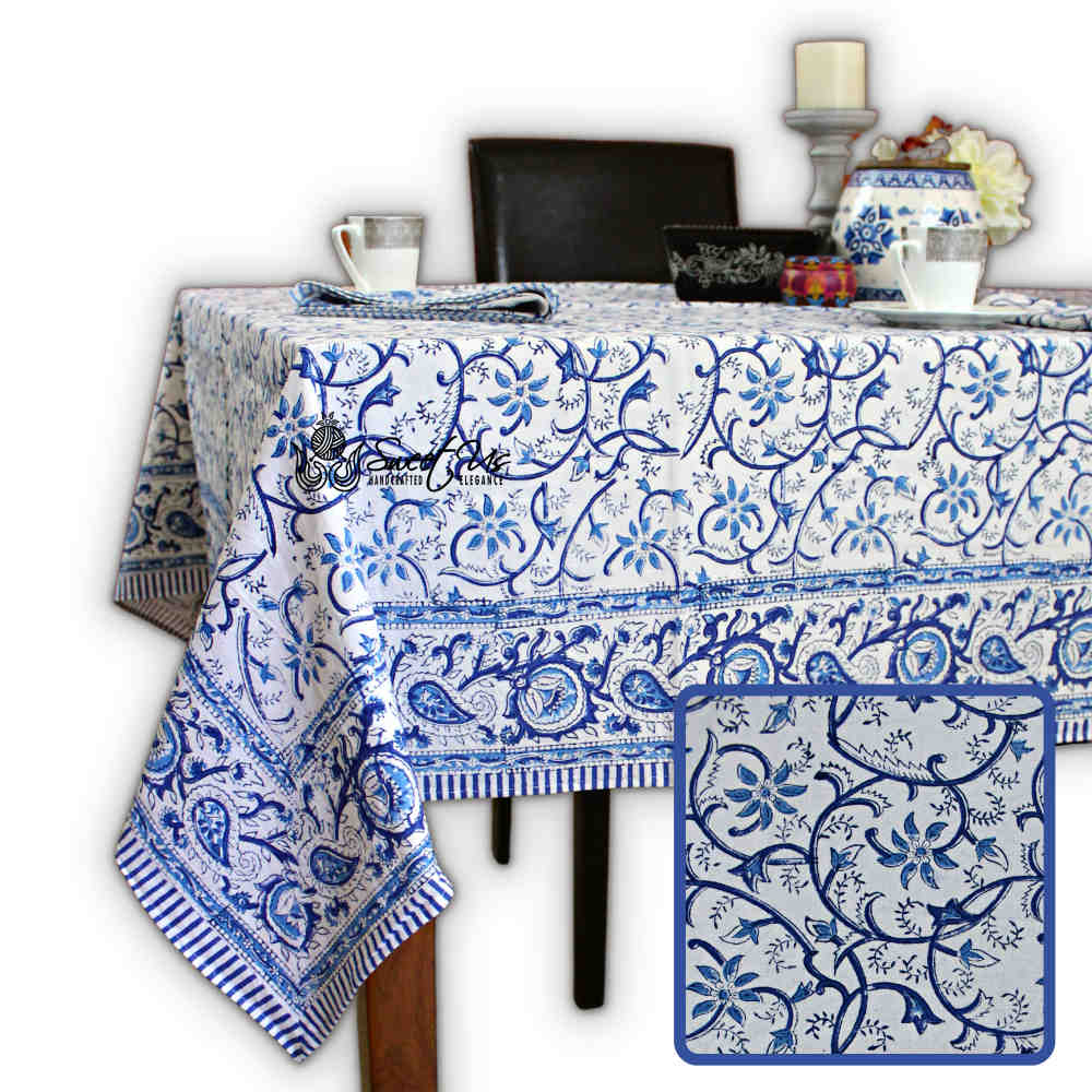Stella Floral Block Print Cotton Tablecloth Collection, Blue Opal
