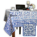Stella Floral Block Print Cotton Tablecloth Collection, Blue Opal - Sweet Us